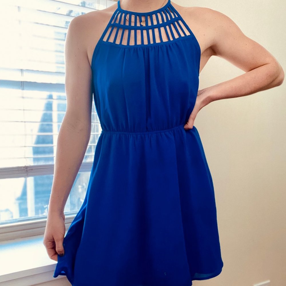 Blue Chiffon Cage Neck Dress
